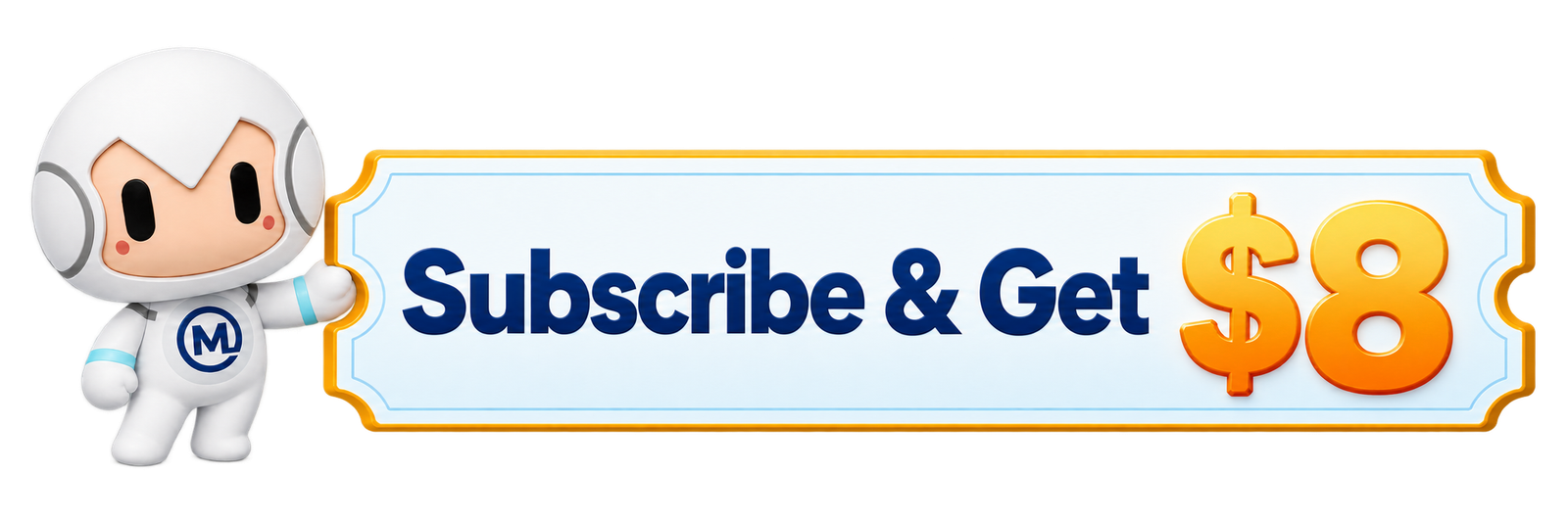 DIESEL IZUMI mascot holding a Subscribe and Get $8 coupon