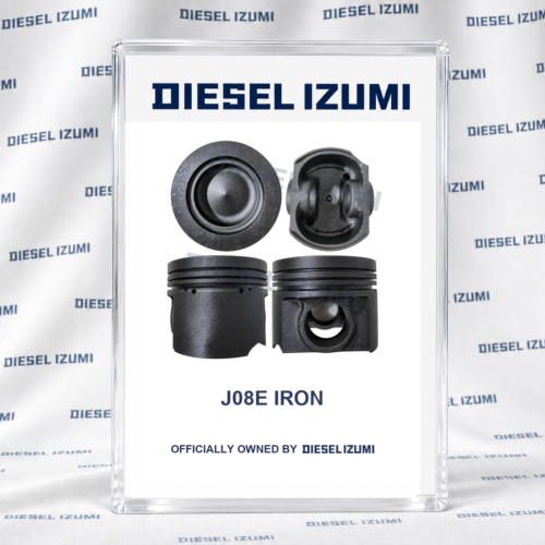 STD Iron-Type Piston for Hino J08E with Pin and Clips STD Iron-Type Piston for Hino J08E with Pin and Clips; one piston shown from four angles, per cylinder, piston rings excluded