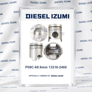 STD 69.9 mm Chamber Piston 13216-2460 for Hino P09C with Pin and Clips; one piston shown from four angles,per cylinder,piston rings excluded