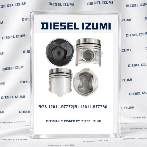 STD Left-Hand Piston 12011-97776 for Nissan RG8 with Pin and Clips; one piston shown from four angles,per cylinder,piston rings excluded