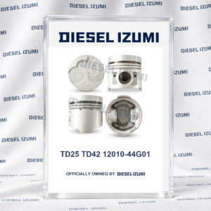 STD Piston 12010-44G01 for Nissan TD25 / TD42 with Pin and Clips; one piston shown from four angles,per cylinder,piston rings excluded